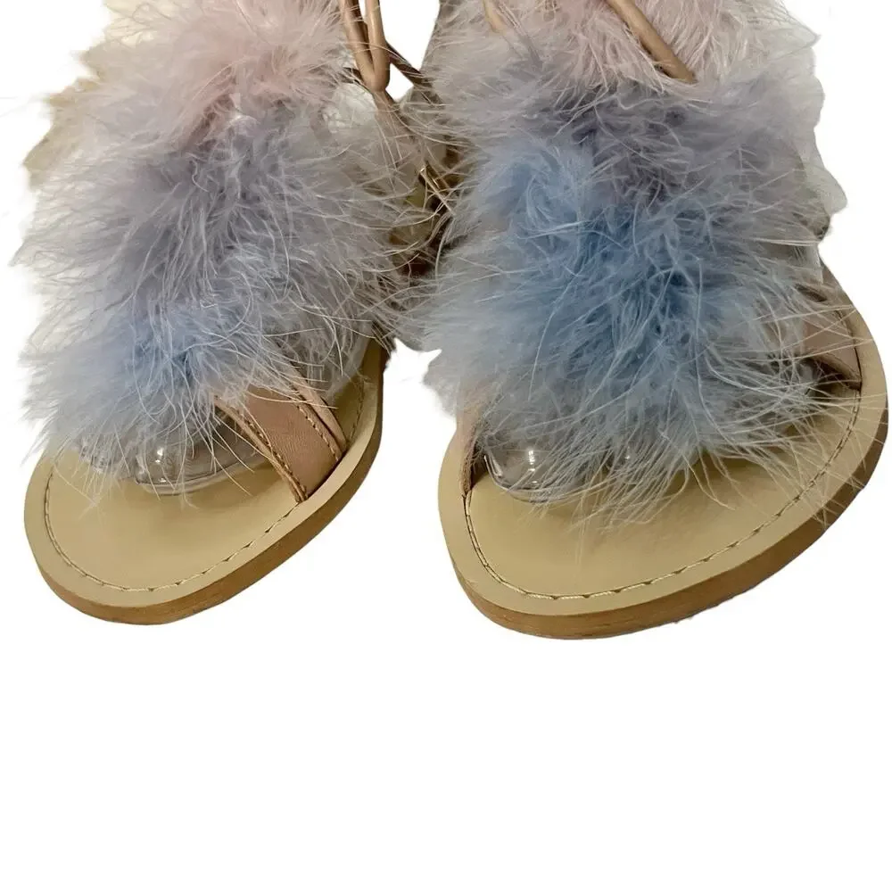 Zara Feather Gladiator Sandals 36EU/6US Tan Multi Lace Up Ankle Strap Boho Flat - Picture 4 of 9